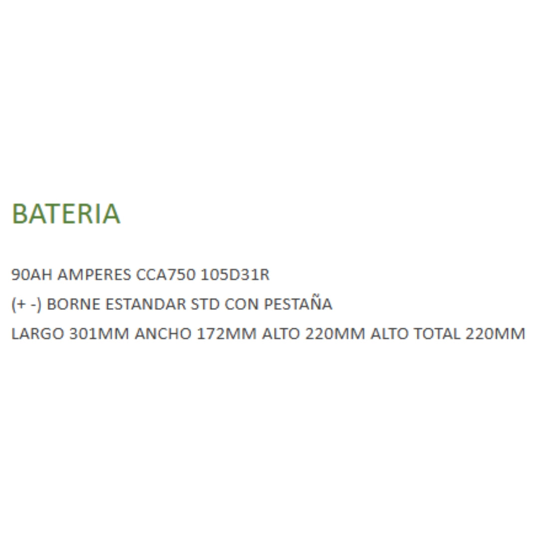 Bateria 12v 90AH CCA750 105D31R (+-)