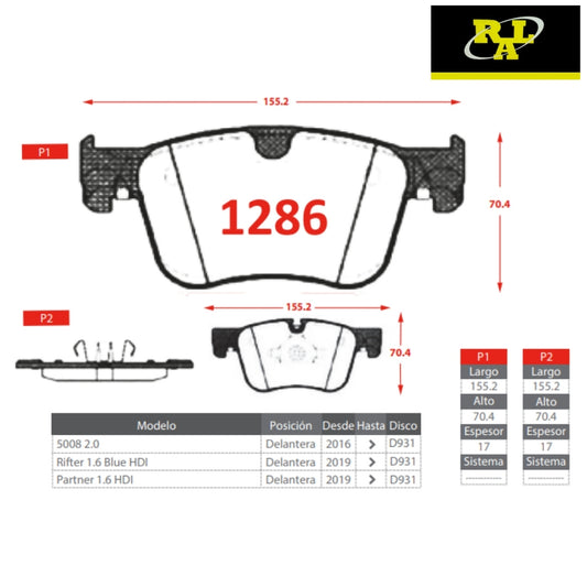 Pastilla de Freno Peugeot 3008 P1286 RAL