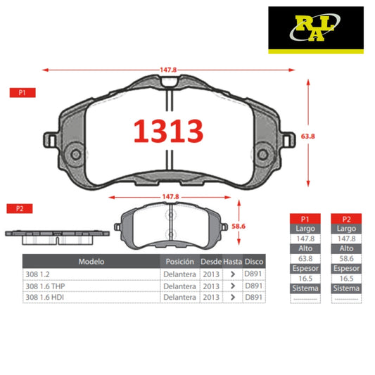 Pastilla de Freno Peugeot 308 P1313 RAL