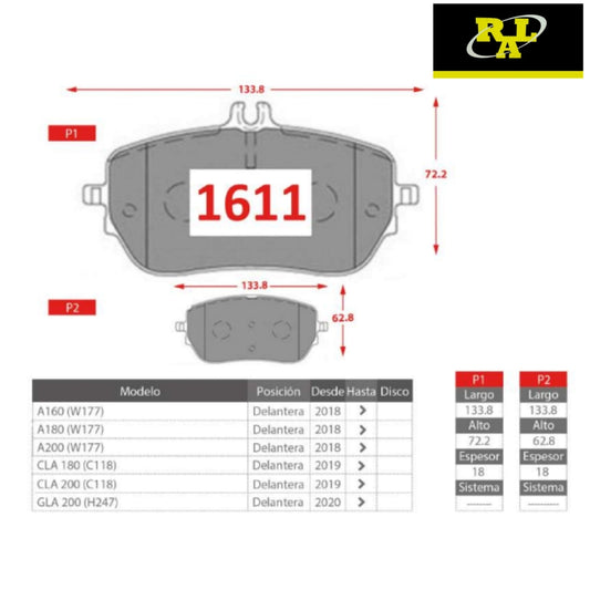 Pastilla de Freno Mercedes Benz A200 P1611 RAL