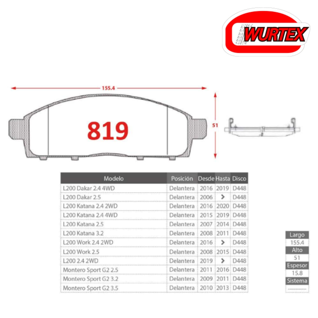 Pastilla de Freno Mitsubishi L200 P0819 WURTEX