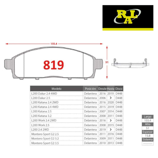 Pastilla de Freno Mitsubishi L200 P0819 RAL