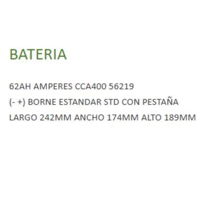 Bateria 12v 62AH 400CCA 56219 (-+) STP