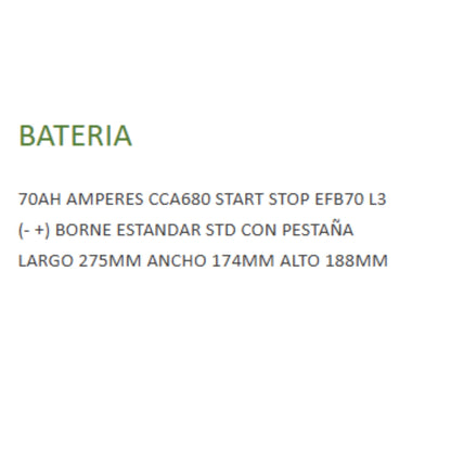 Bateria 12v 70AH CCA680 START STOP EFB 70 L3 SOLITE