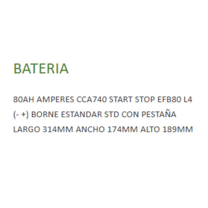 Bateria 12v 80AH CCA 740 START STOP EFB 80 L4